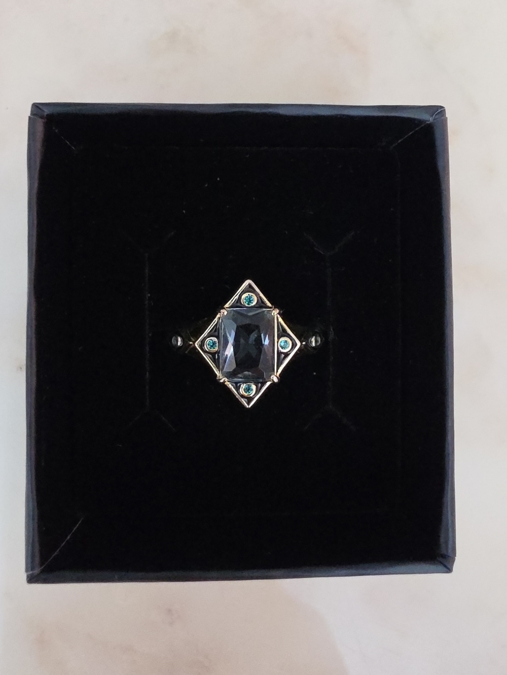 Gold-Tone Black & Teal Gemstone Ring - 925 Sterling Silver